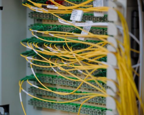 Yellow and green cables are neatly connected.